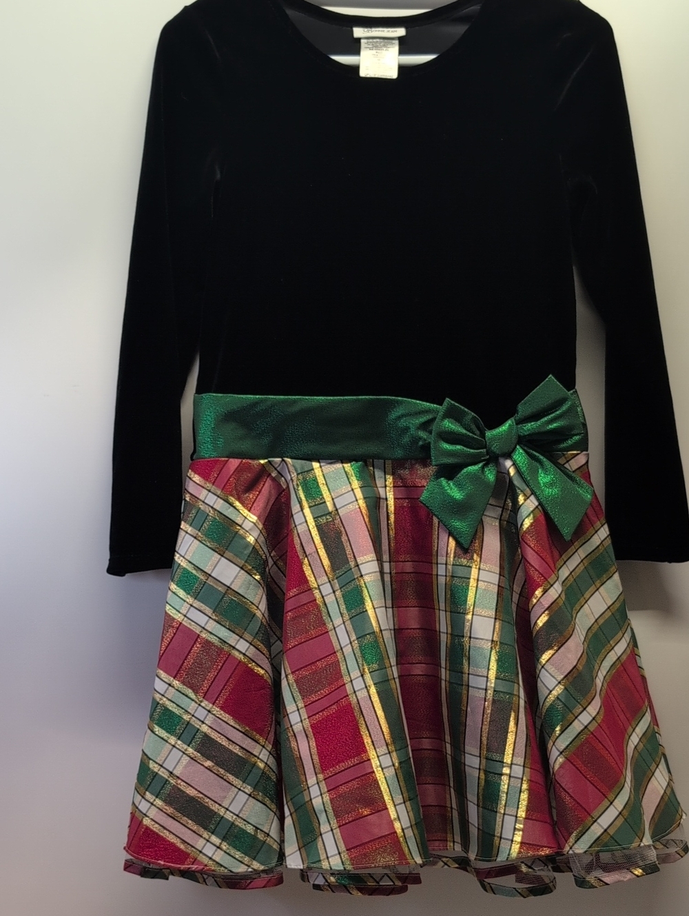 Bonnie Jean Black Velvet Dress with Green Sash and Red-Green Plaid Skirt Size 16